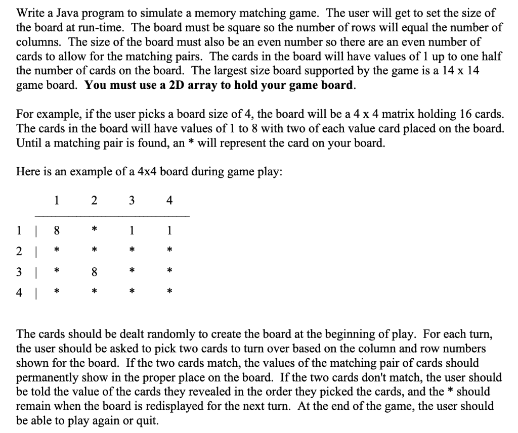 Solved Write a Java program to simulate a memory matching | Chegg.com