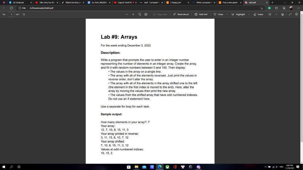 Solved Lab \#9: Arrays For the week ending December 2, 2022 | Chegg.com