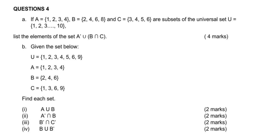 Solved QUESTIONS 4 a. If A = {1, 2, 3, 4}, B = {2, 4, 6, 8} | Chegg.com