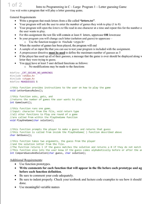 Solved Intro to Programming in C-Large Program 1 -Letter | Chegg.com