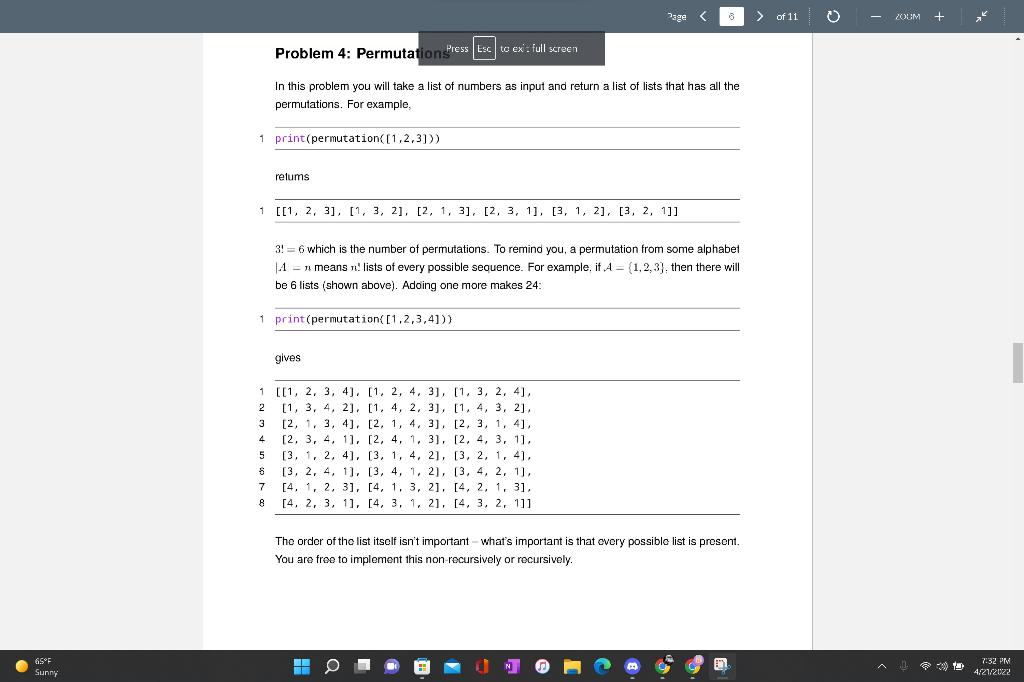Solved > of 11 ZOUM Problem 4: Permutation Press Lcto ex : | Chegg.com
