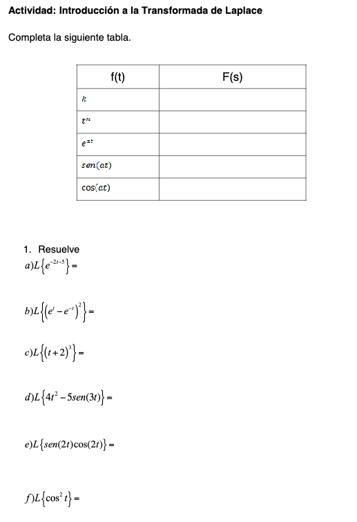 Actividad: Introducción a la Transformada de Laplace Completa la siguiente tabla. 1. Resuelve a) \( L\left\{e^{-2 t-5}\right