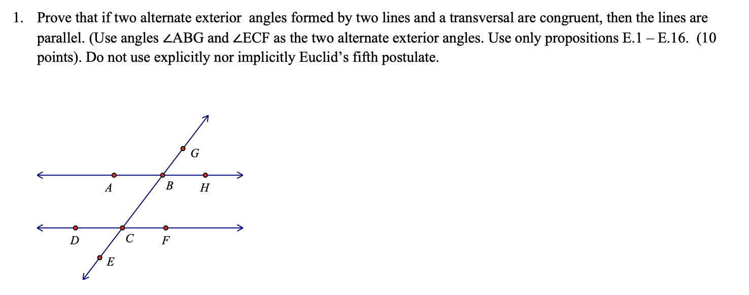 Solved 1. Prove that if two alternate exterior angles formed | Chegg.com