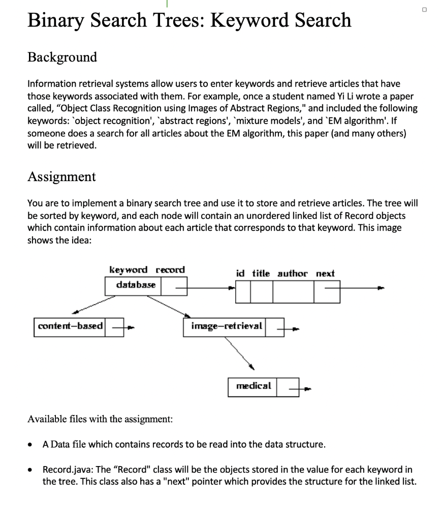 Solved Binary Search Trees: Keyword Search Background | Chegg.com