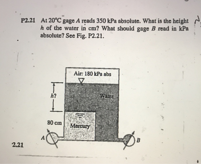 Solved At 20 degree C gage A reads 350 kPa absolute. What is