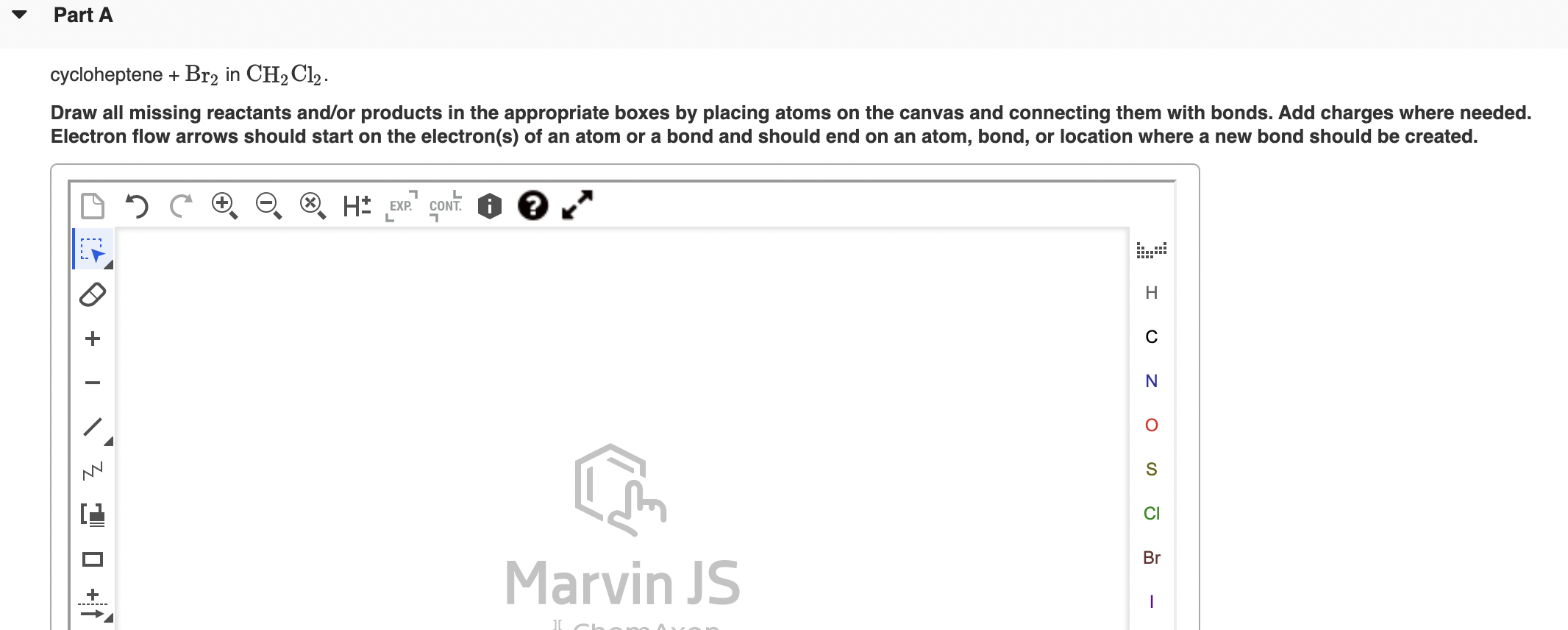 Solved Part A cycloheptene + Br2 in CH2Cl2. Draw all missing