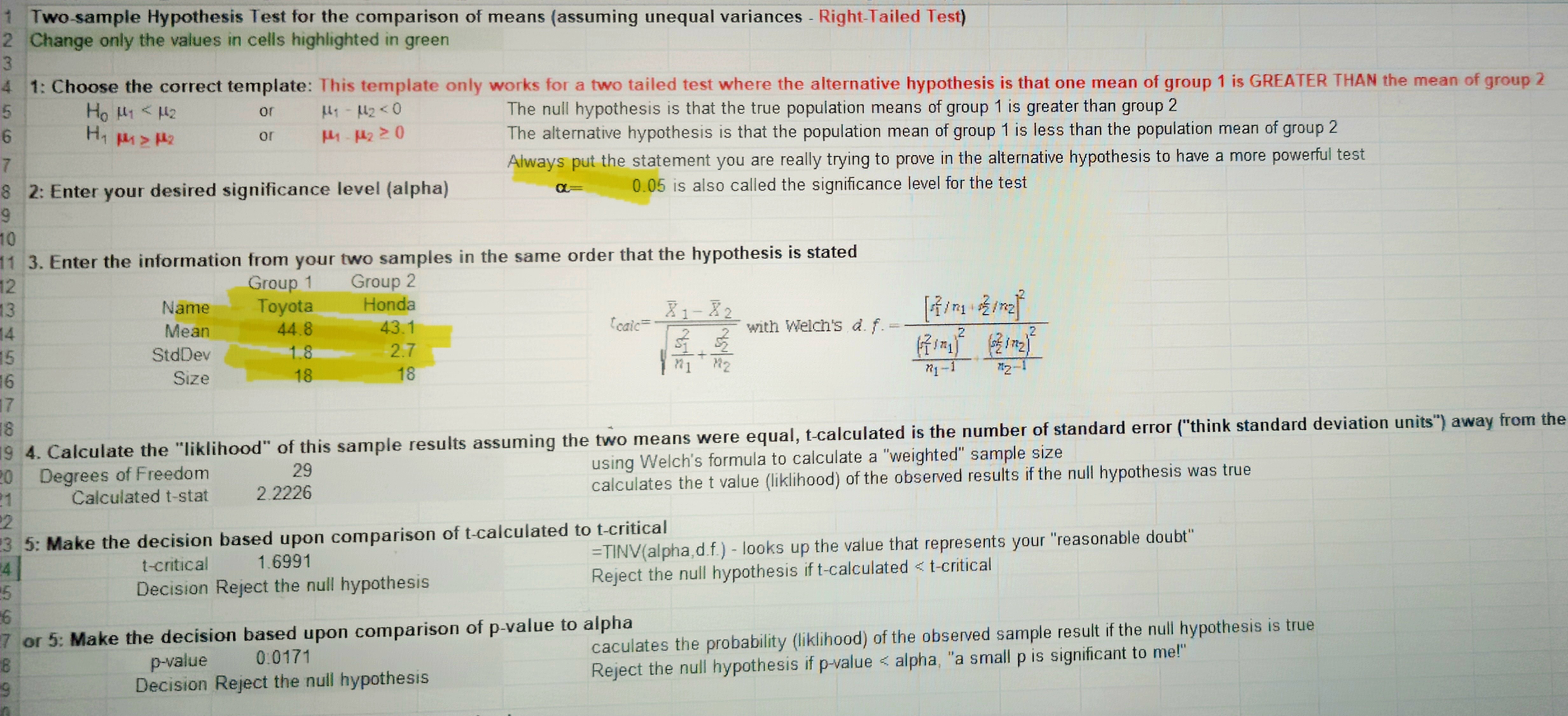 Solved Change only the values in cells highlighted in green | Chegg.com