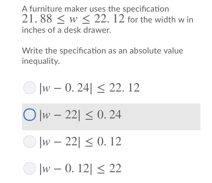 Solved A furniture maker uses the specification 21.88?w ?