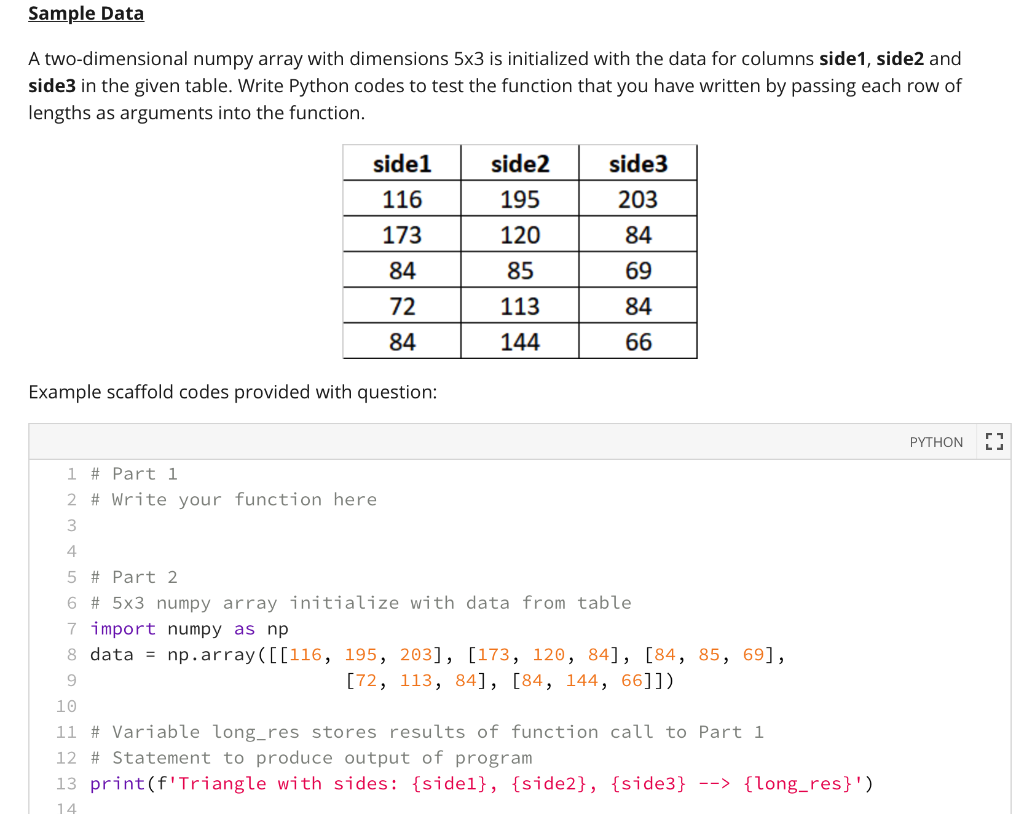 Sample Data A two-dimensional numpy array with | Chegg.com