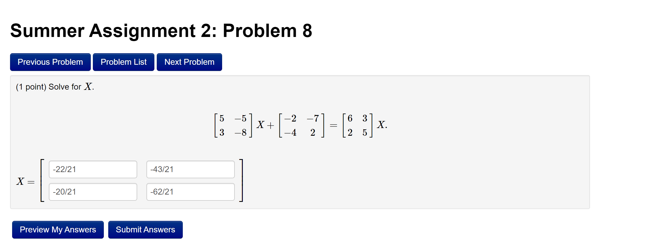 Solved Summer Assignment 2: Problem 8 Previous Problem | Chegg.com