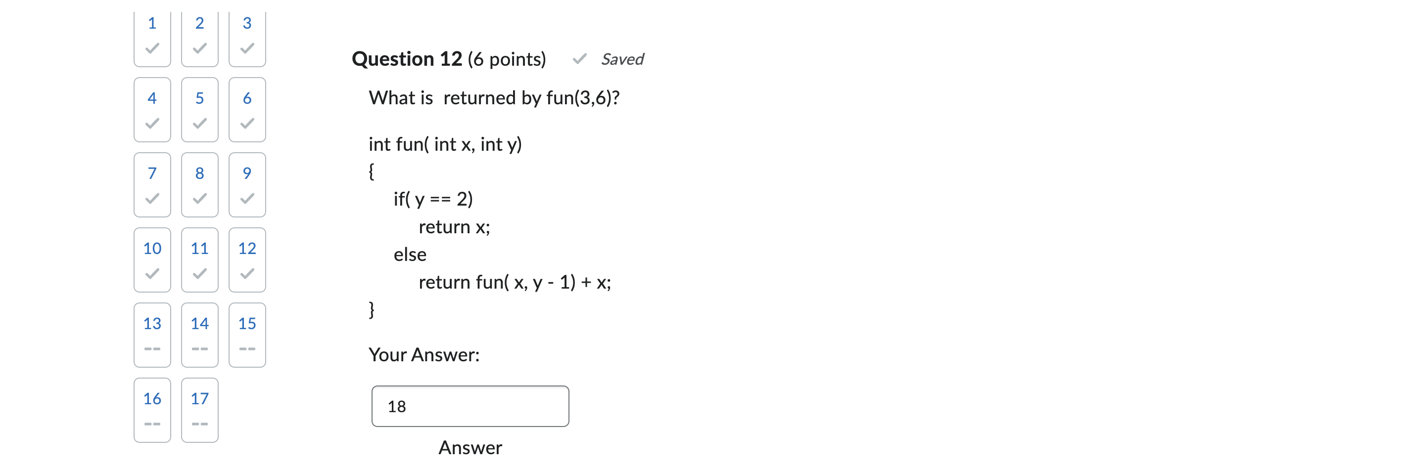 Solved what is returned by fun 3 6 int fun int x int y chegg