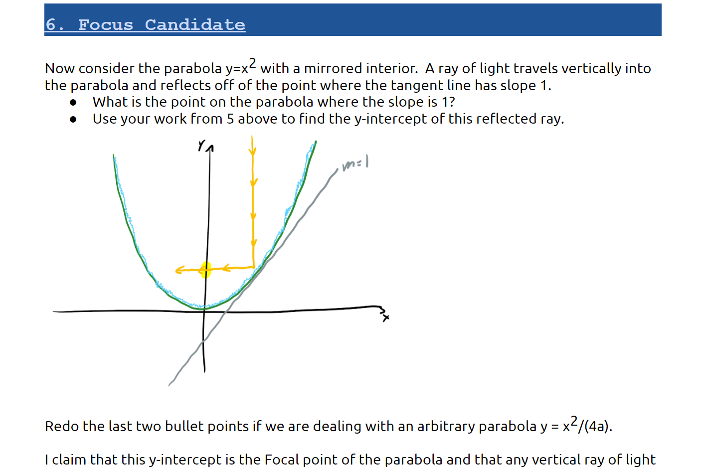 Now consider the parabola \( y=x^{2} \) with a mirrored interior. A ray of light travels vertically into the parabola and ref