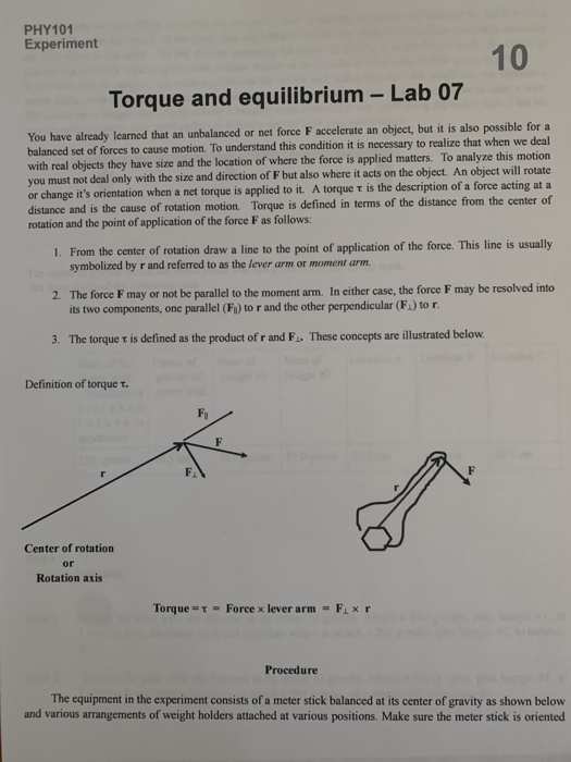 PHY101 Experiment 10 Torque and equilibrium Lab 07