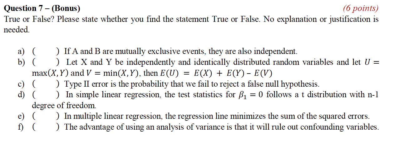 Solved Question 7 – (Bonus) (6 points) True or False? Please | Chegg.com