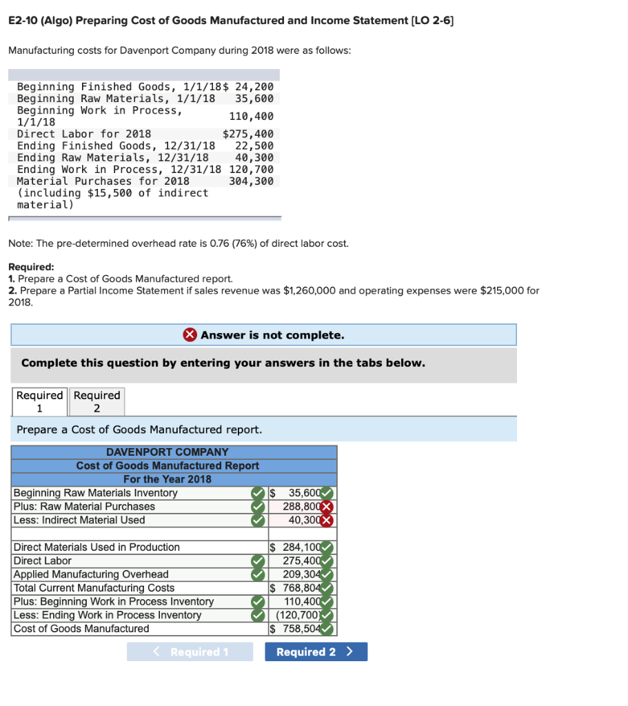 Solved E2-10 (Algo) Preparing Cost of Goods Manufactured and 