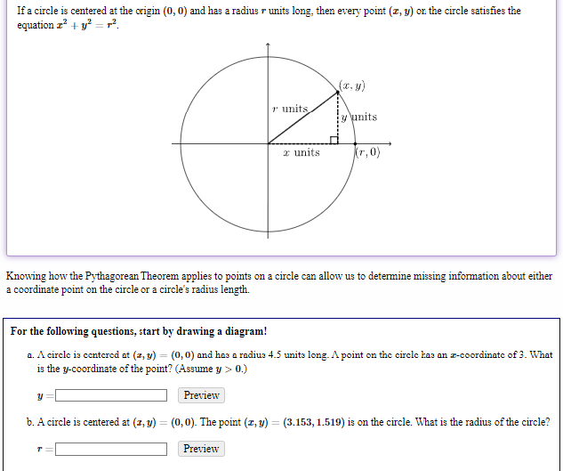 Solved If a circle is centered at the origin (0,0) and has a | Chegg.com