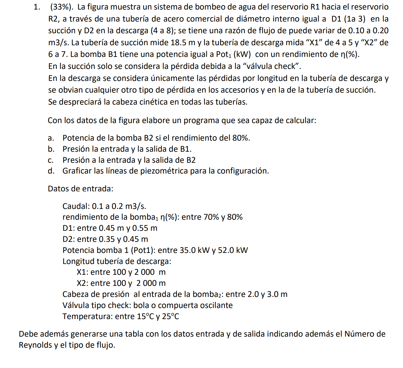 (33\%). La figura muestra un sistema de bombeo de agua del reservorio R1 hacia el reservorio \( \mathrm{R} 2 \), a través de
