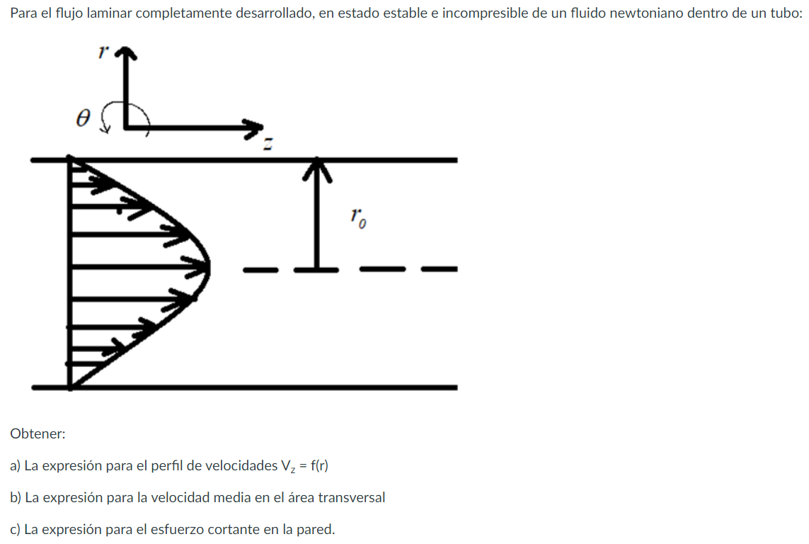 Obtener: a) La expresión para el perfil de velocidades \( V_{z}=f(r) \) b) La expresión para la velocidad media en el área tr