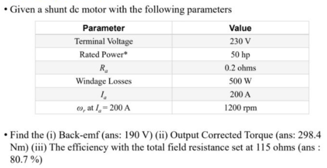 Solved • Given A Shunt De Motor With The Following | Chegg.com