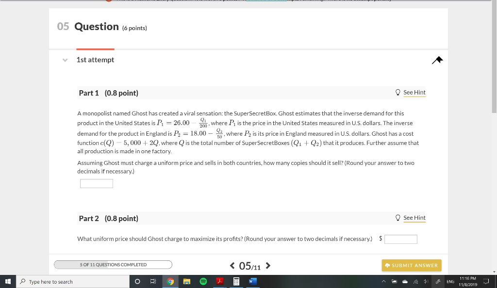 05 Question (6 points) 1st attempt Part 1 (0.8 point)