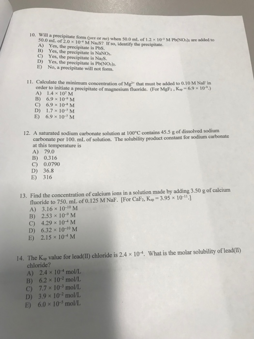 Solved 10. Will a precipitate form (ves or no) when 50.0 ml, | Chegg.com