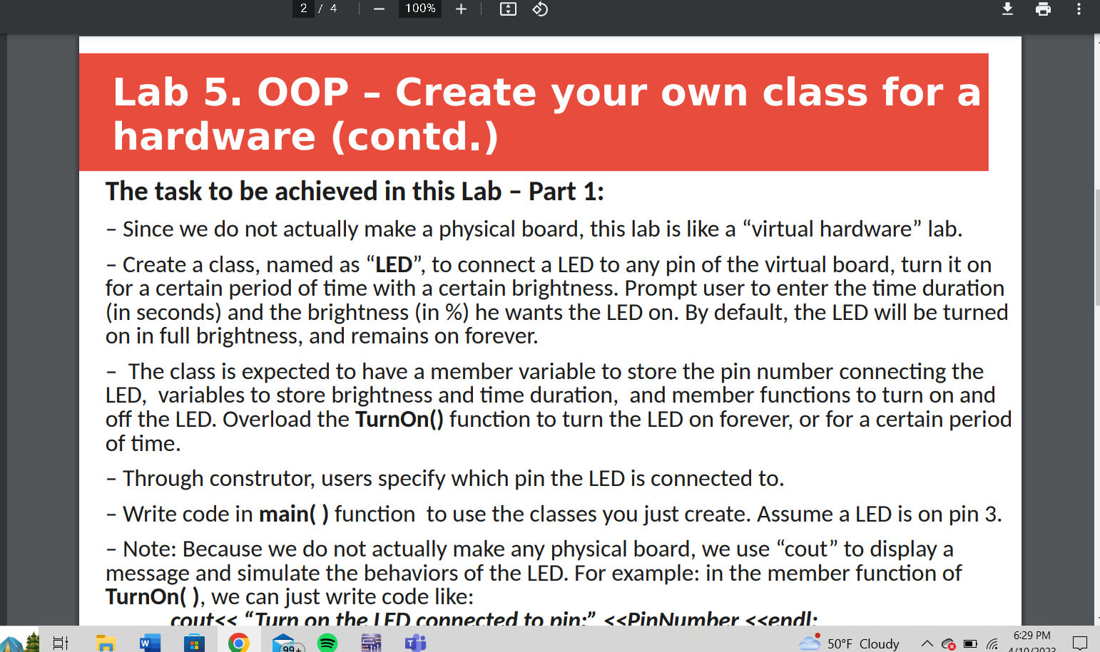 Solved – Create a class, named as “LED”, to connect a LED to | Chegg.com