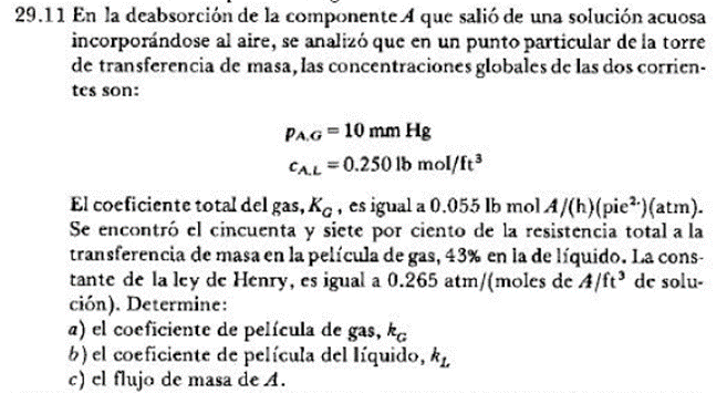 9.11 En la deabsorción de la componente \( A \) que salió de una solución acuosa incorporándose al aire, se analizó que en un