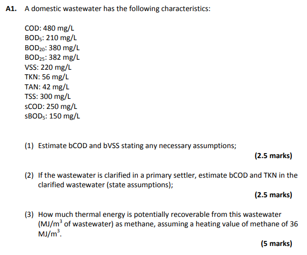 A1. A domestic wastewater has the following | Chegg.com