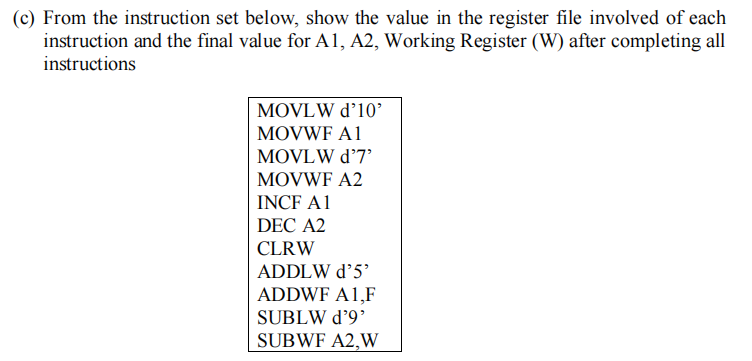 Solved (c) From the instruction set below, show the value in | Chegg.com