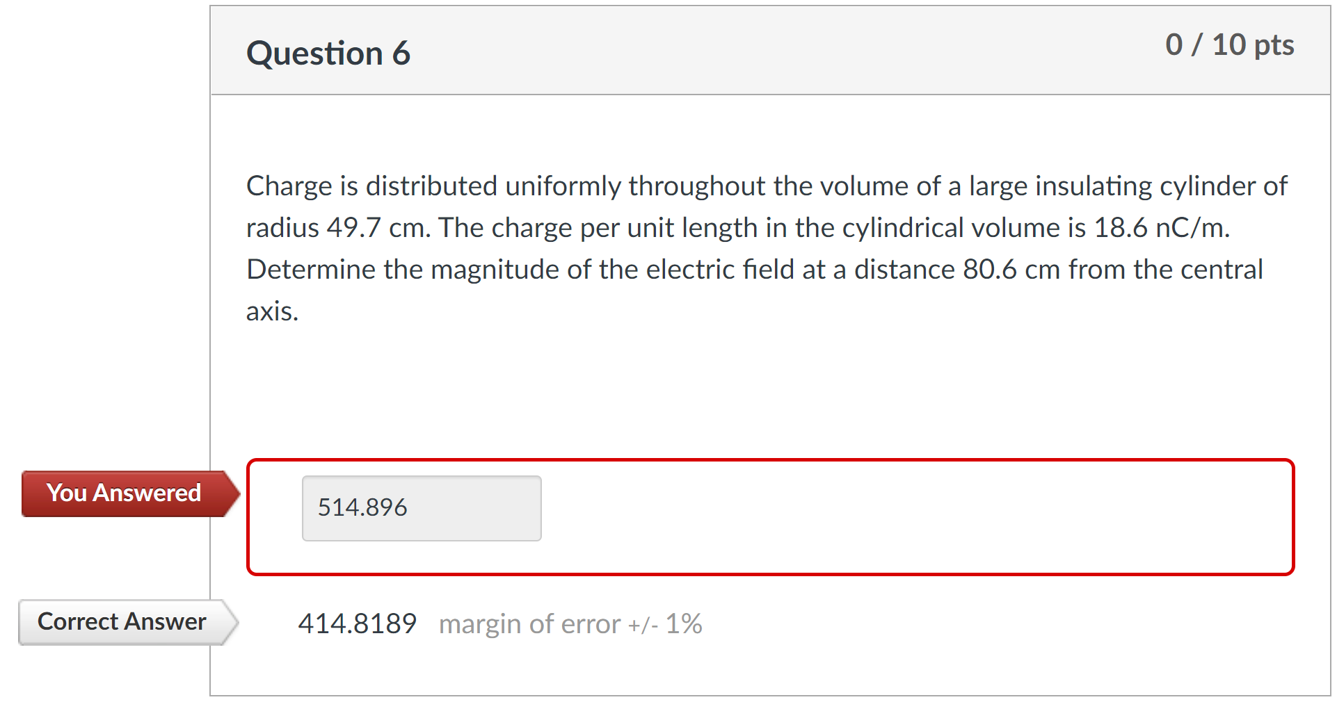 Charge is distributed uniformly throughout the volume of a large insulating cylinder of radius \( 49.7 \mathrm{~cm} \). The c