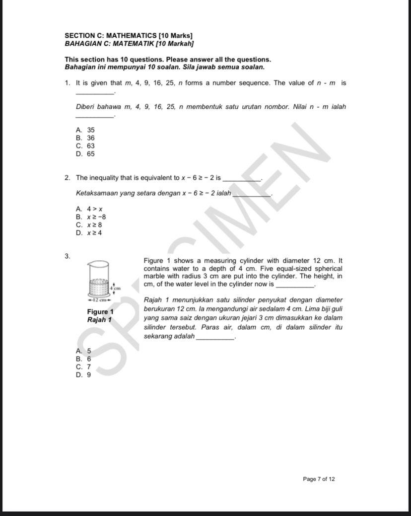 Solved SECTION C: MATHEMATICS [10 Marks] BAHAGIAN C: | Chegg.com