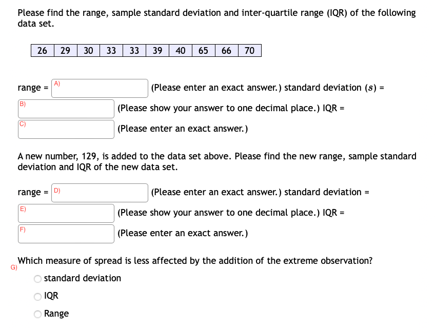 Solved Please find the range, sample standard deviation and | Chegg.com