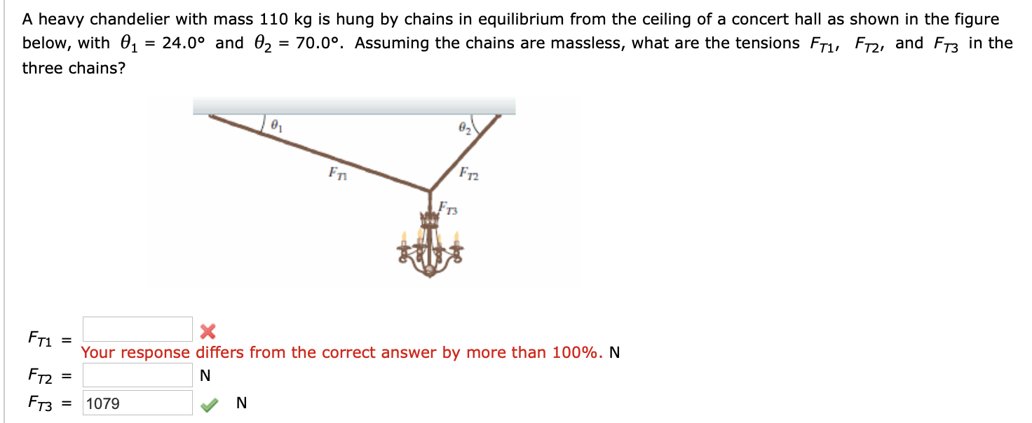 Solved A heavy chandelier with mass 110 kg is hung by chains | Chegg.com