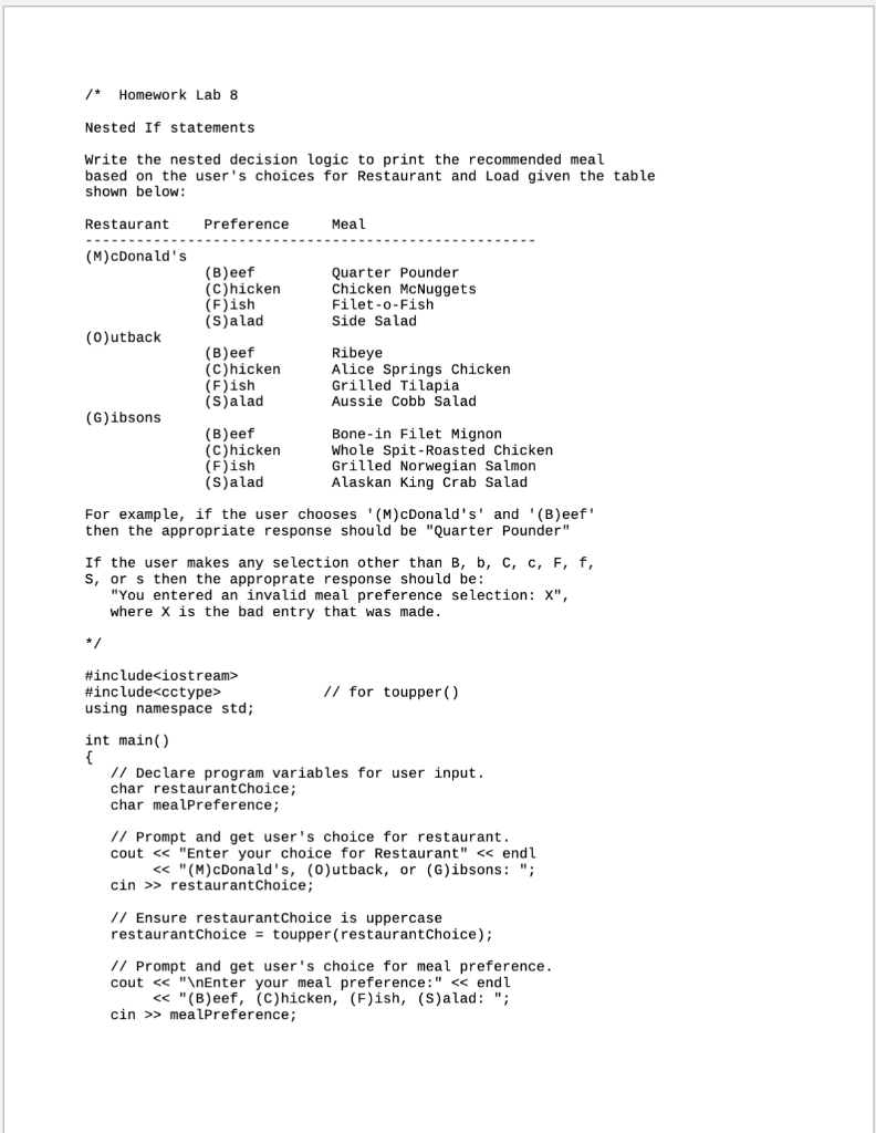 Solved Homework Lab 8 Nested If statements Write the nested | Chegg.com