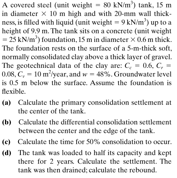 Solved A covered steel (unit weight =80kN/m3 ) tank, 15 m in