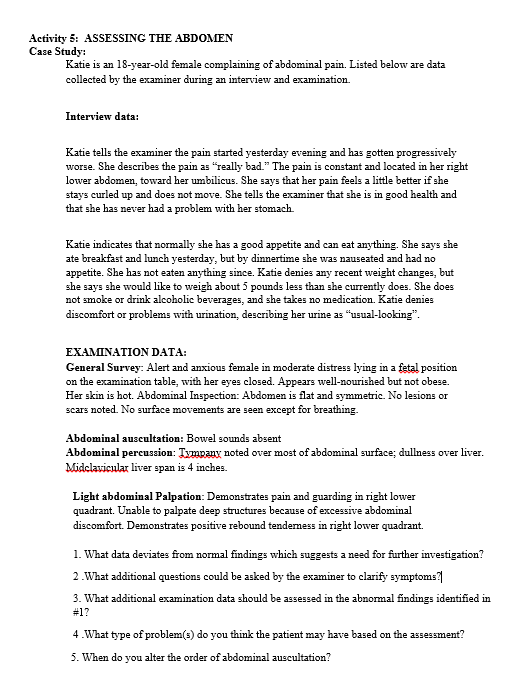 Solved Activity 5 ASSESSING THE ABDOMEN Case Study Katie