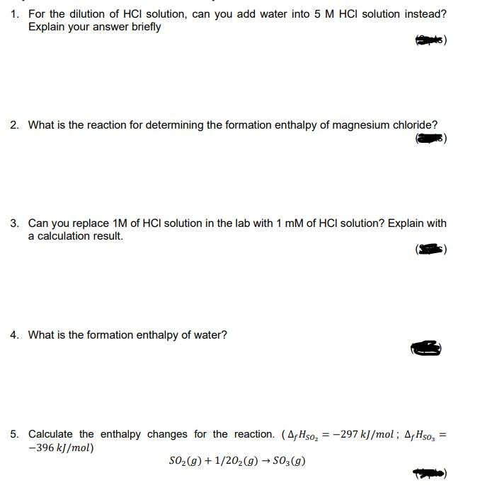 Solved 1. For the dilution of HCl solution, can you add | Chegg.com