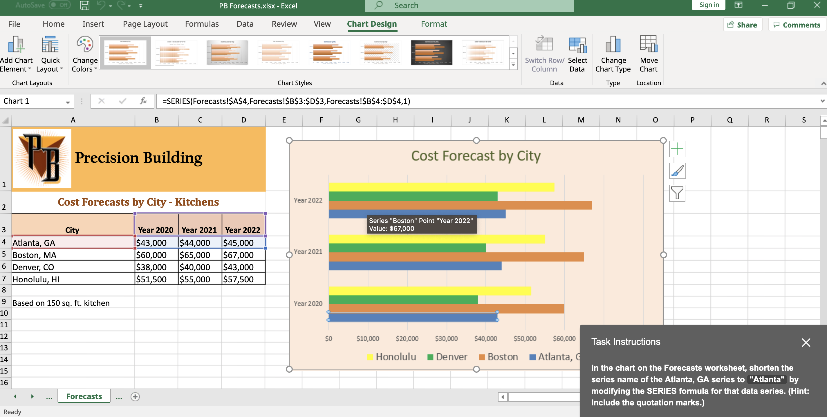 In the chart on the forecasts worksheet, shorten the