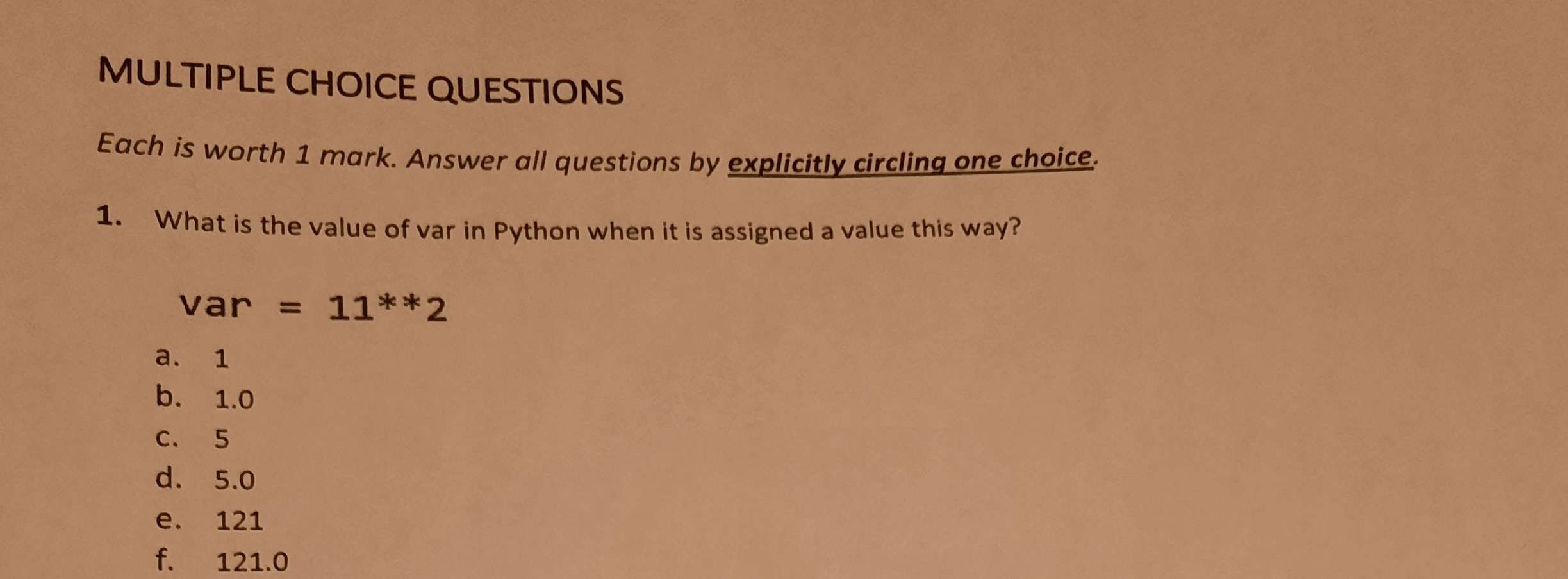 Solved Multiple Choice Questions Each Is Worth 1 Mark