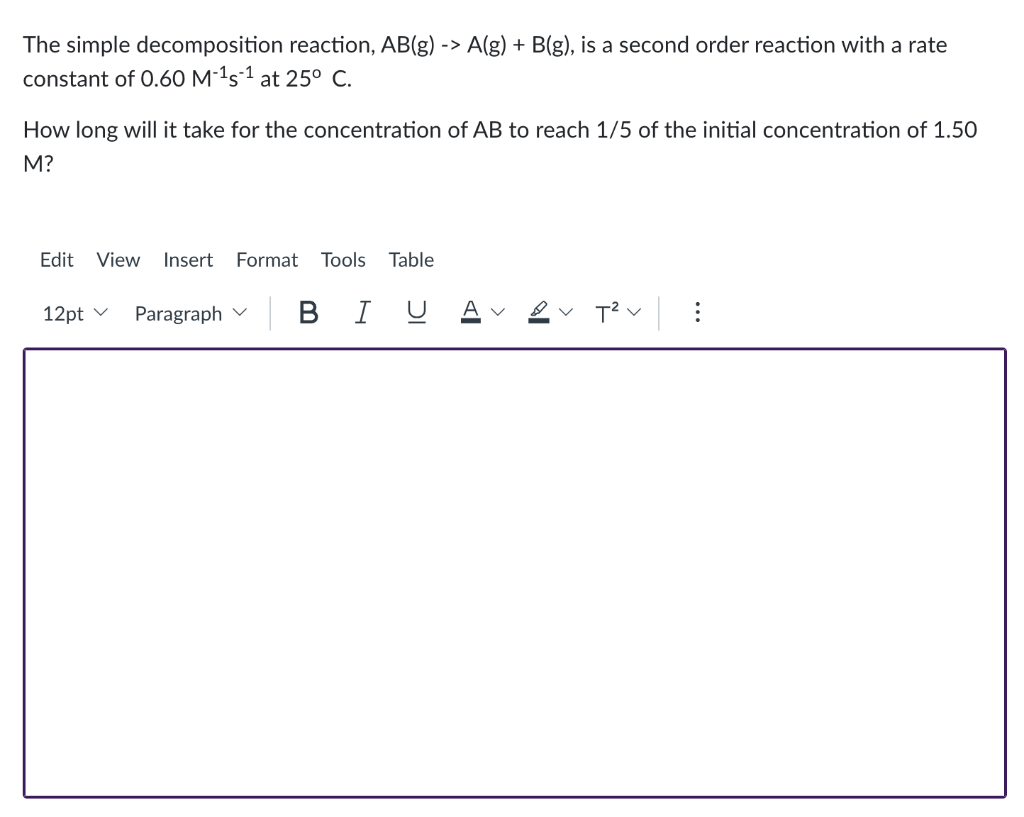 Solved The Simple Decomposition Reaction, AB(g) -> A(g) + | Chegg.com