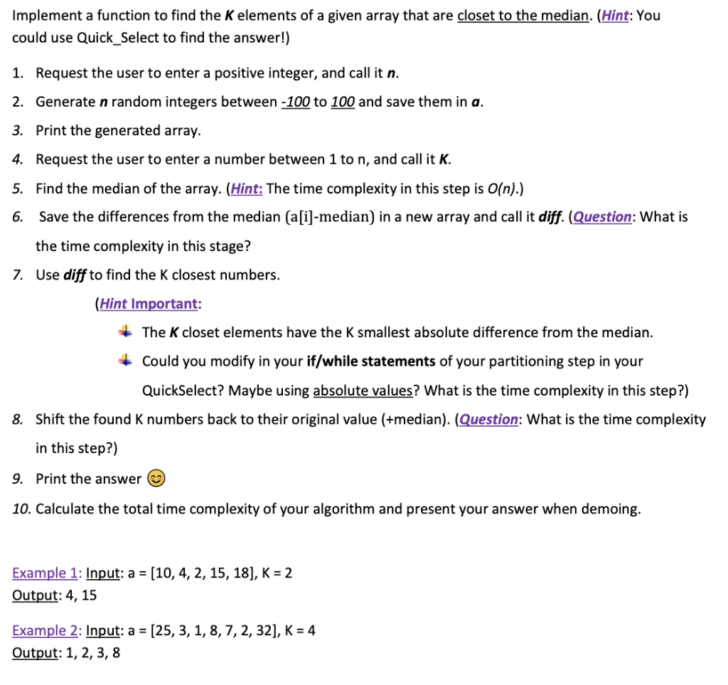 Implement A Function To Find The K Elements Of A G Chegg Com