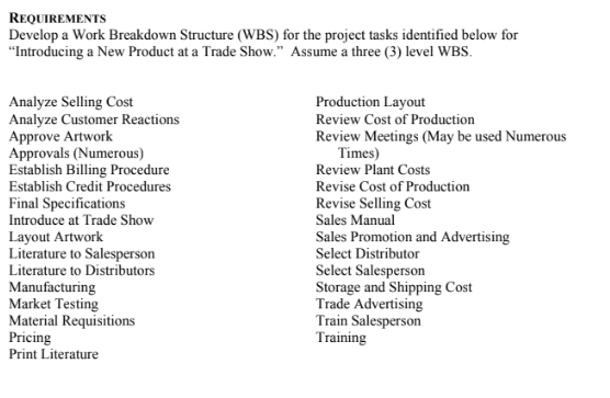 Solved REQUIREMENTS Develop a Work Breakdown Structure (WBS) | Chegg.com