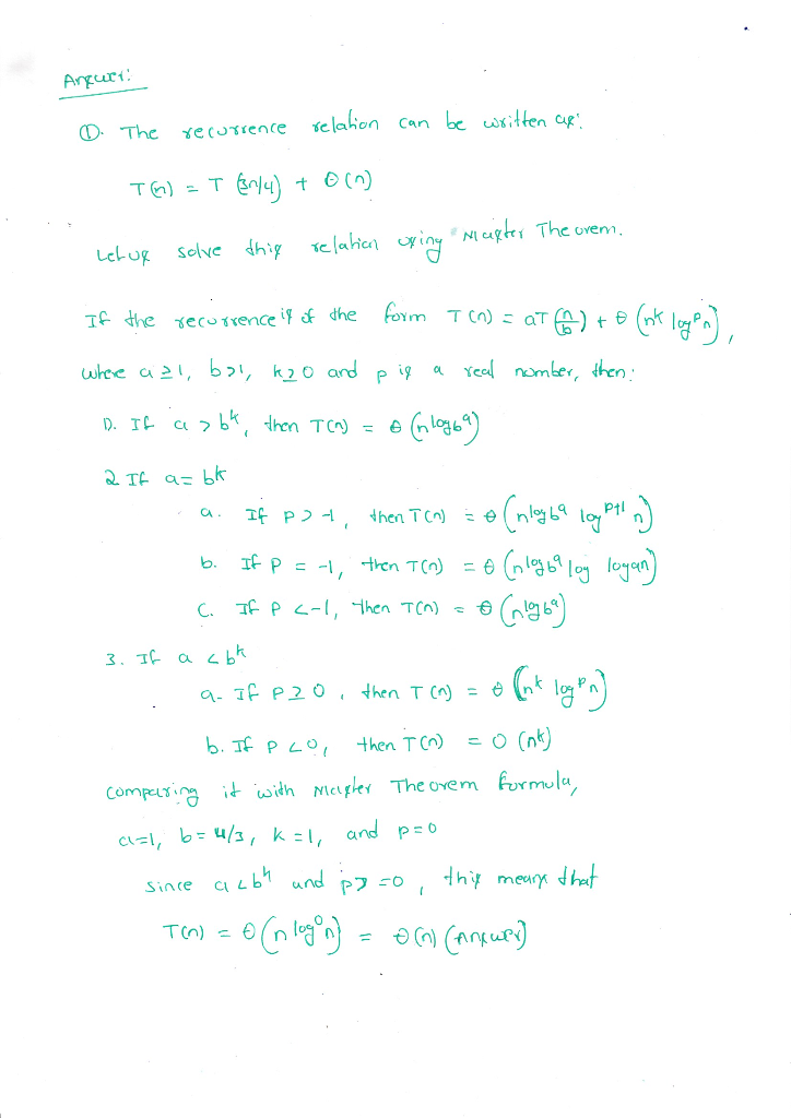 Solved 2 Recurrence 15 Points Derive Recurrence Running Time Algorithm Solve Recurrence One Three Q