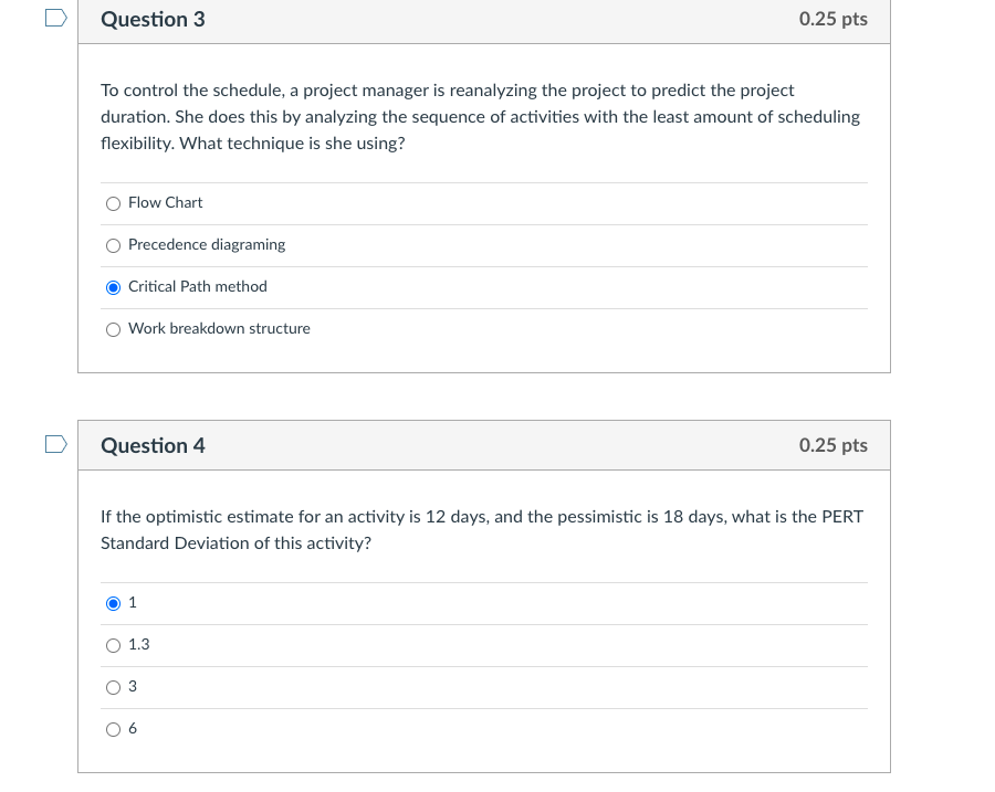Solved Question 3 0.25 pts To control the schedule, a | Chegg.com