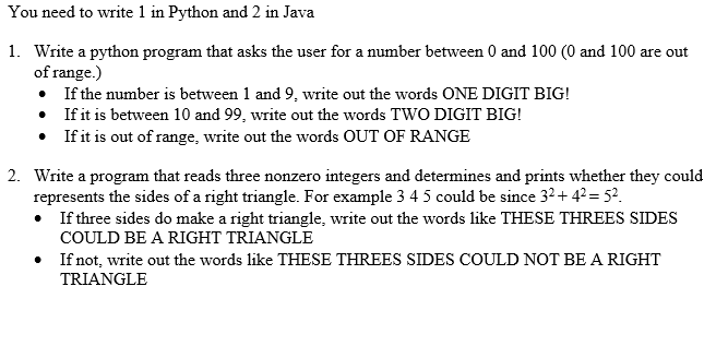 Solved You need to write 1 in Python and 2 in Java 1. Write | Chegg.com