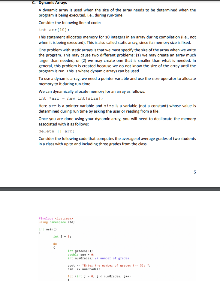 Solved C. Dynamic Arrays A dynamic array is used when the | Chegg.com
