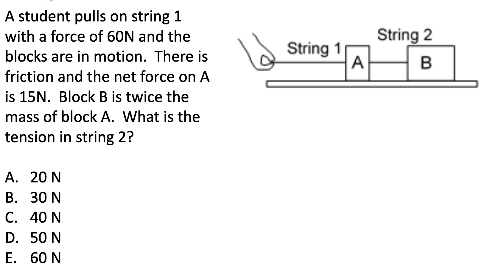 Solved String 1 String 2 B A A student pulls on string 1 | Chegg.com