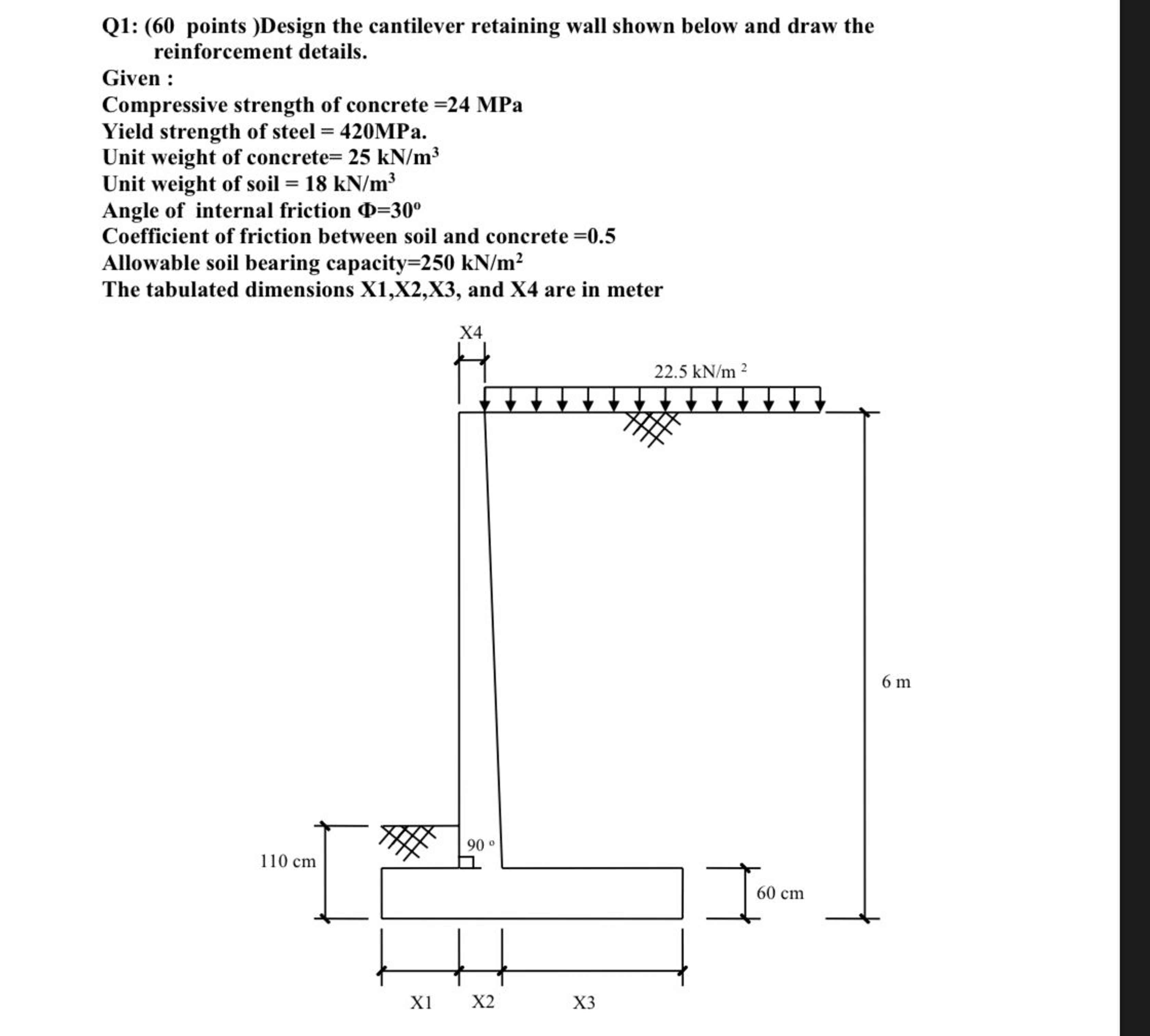 Q1: (60 ﻿points) ﻿Design the cantilever retaining | Chegg.com