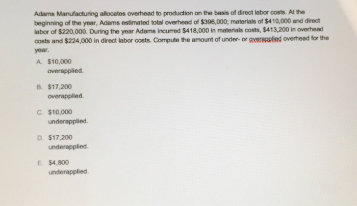 Solved Adams Manufacturing allocates overhead to production | Chegg.com