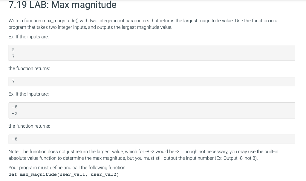 Solved 7.19 LAB: Max magnitude Write a function max | Chegg.com